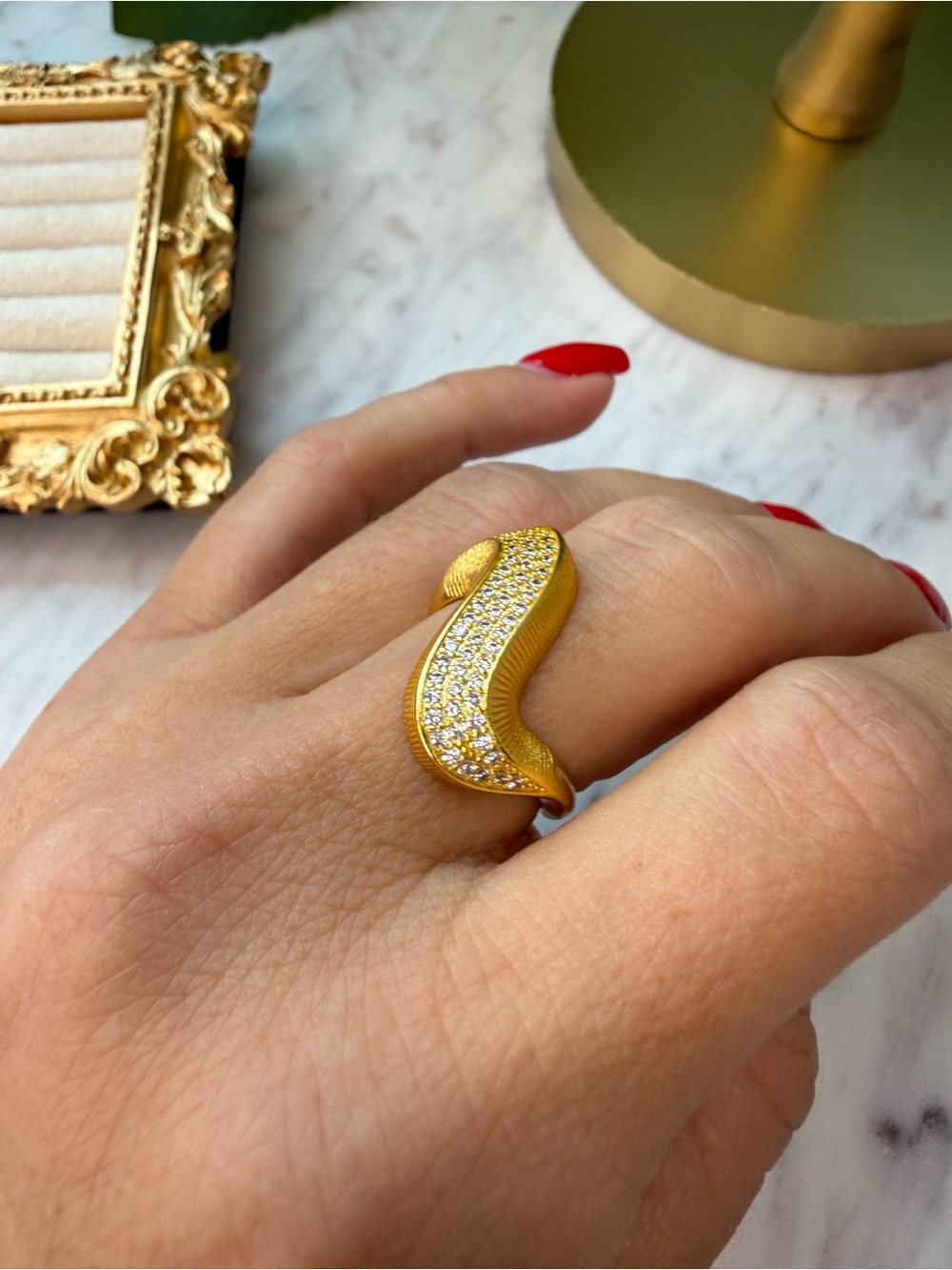 Gold Wave Pavé Crystal Adjustable Ring - Women Jewelry